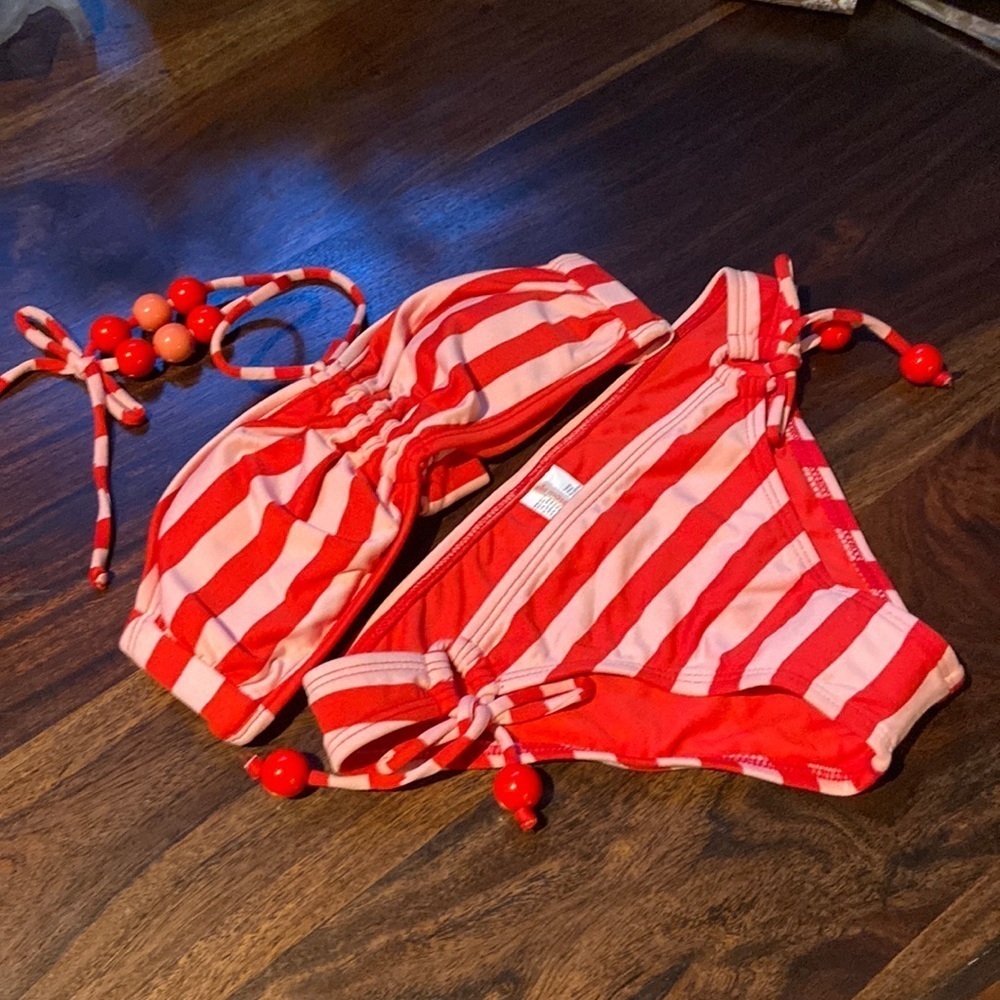 Sz S Ella Moss Isla Pink and Red Striped Bikini NEW w/Ties at Neck